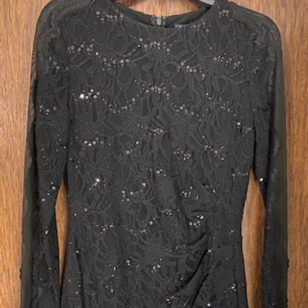 Ralph Lauren Black Lace Sequined Long Sleeve Cocktail Dress Sz 8 - Picture 2 of 3